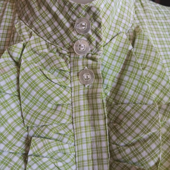 Large Vintage Green Plaid Short-Sleeve Ruffle Blouse Top With High Collar 1970's - Picture 3 of 7